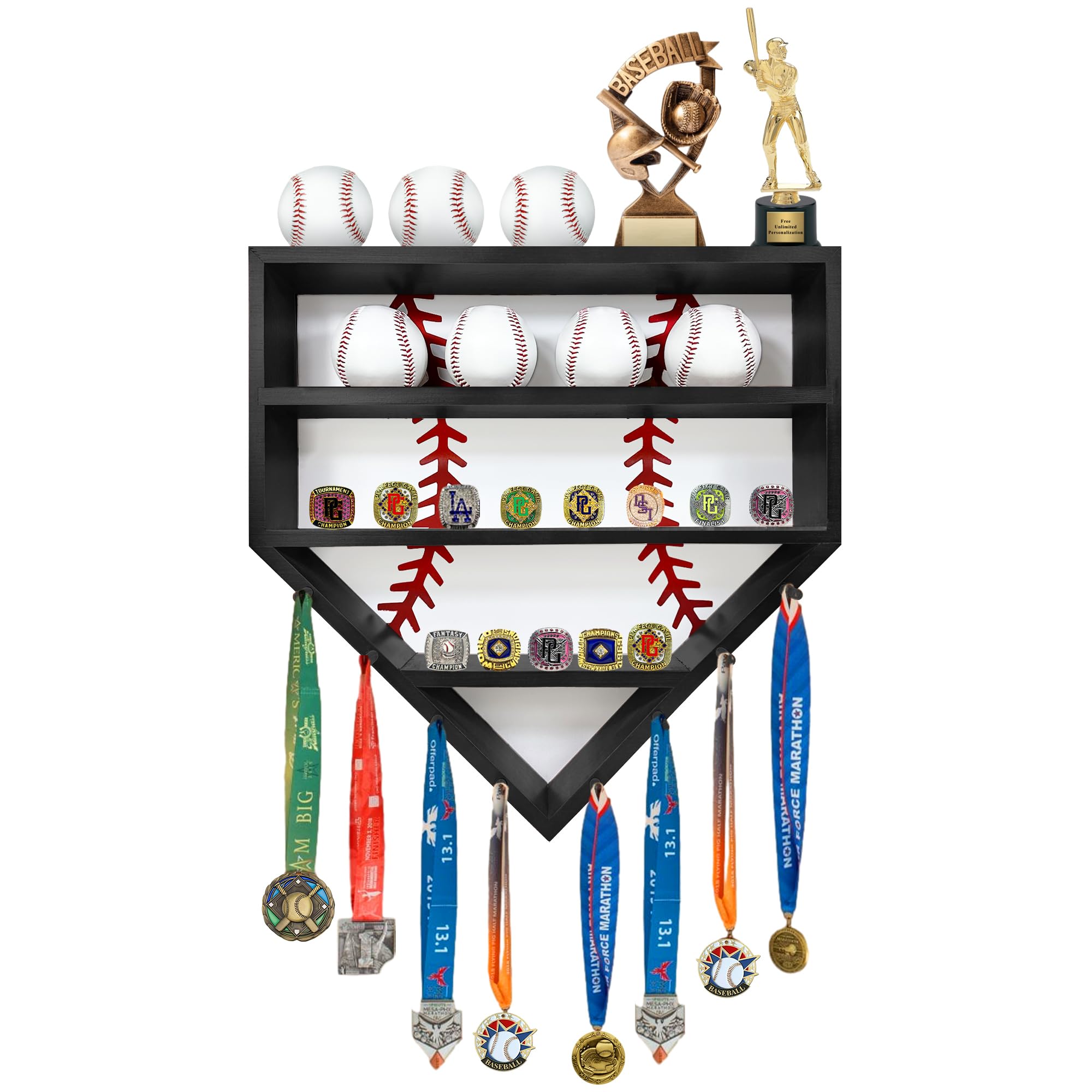 Montex Baseball Display Case Baseball Holder Display Case Wooden Baseball Ring Holder Wall Mount Baseball Display Cases for Balls Medals and Name Tags Black wall mounted baseball display